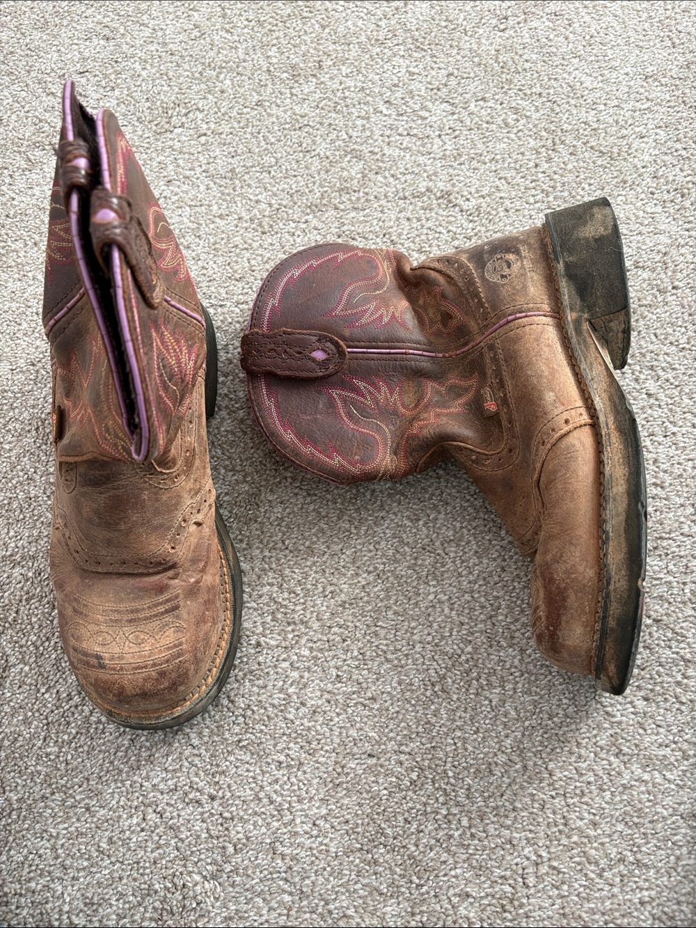 Justin Brown Leather Western Work Boots Pink Stitching Cowgirl 9B WKL9980